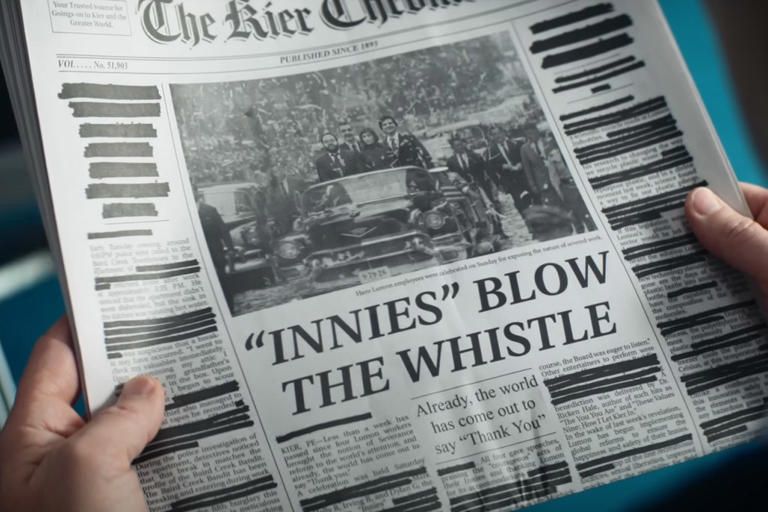Newspaper page from the Apple+ show Severance with the headline:  “Innies” Blow The Whistle.
