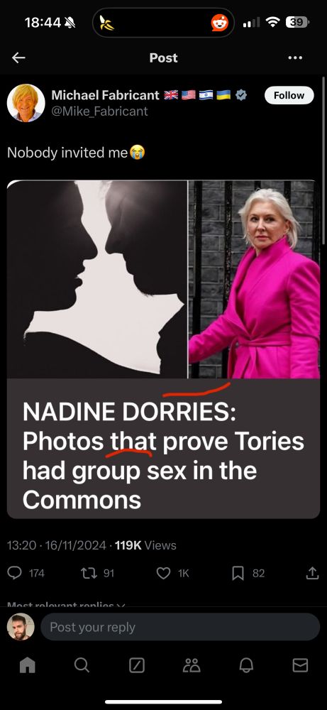 Michael Fabricant replying to a newspaper headline from Nadine Dorries about group sex in the Commons. 