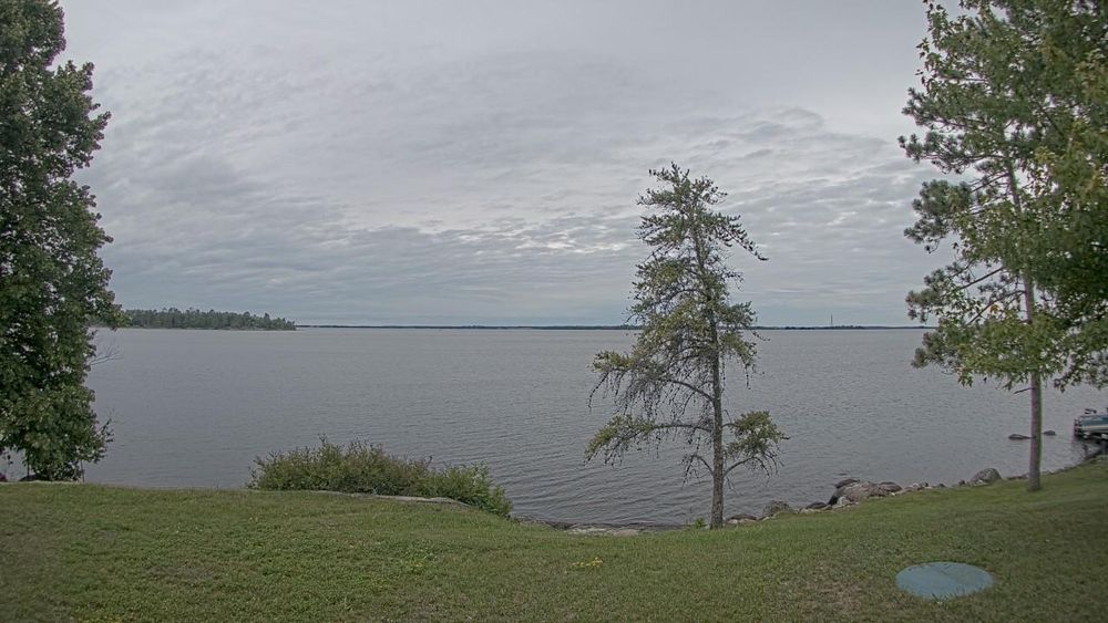This webcam usually shows a large lake with a few trees in the foreground and the background. It's a cloudy day. It's 64ºF/18ºC.