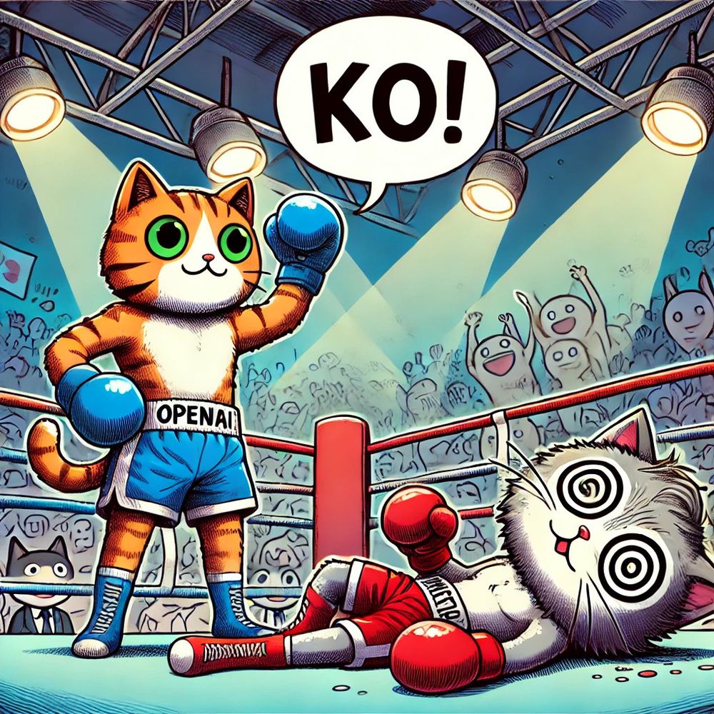 Un chat nommé OpenAI met KO un chat nommé Mistral sur un ring de boxe. Il lève le point en criant KO! Mistral est au sol, sonné.
