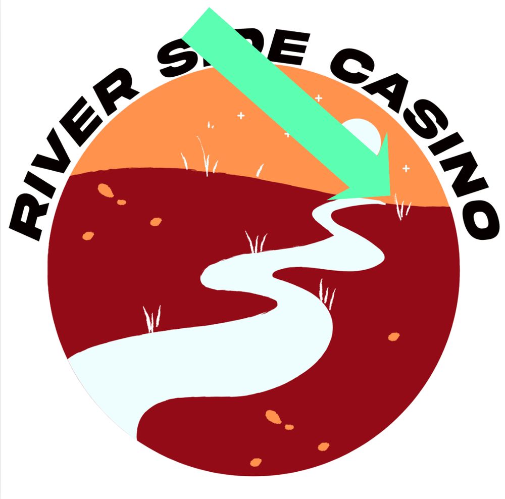 River Side Casino logo. The words "River Side Casino" over deep orange and red sunset colors, a white river snaking through the middle. A bright green arrow points to a section of the logo. 