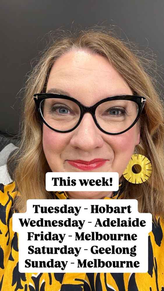 It’s me backstage at a show. In yellow and black patterned Zuri dress. With pinky red lips and massive pineapple ring earrings. Across is some text that says:
This week!
Tuesday - Hobart
Wednesday - Adelaide
Friday - Melbourne 
Saturday - Geelong
Sunday - Melbourne 