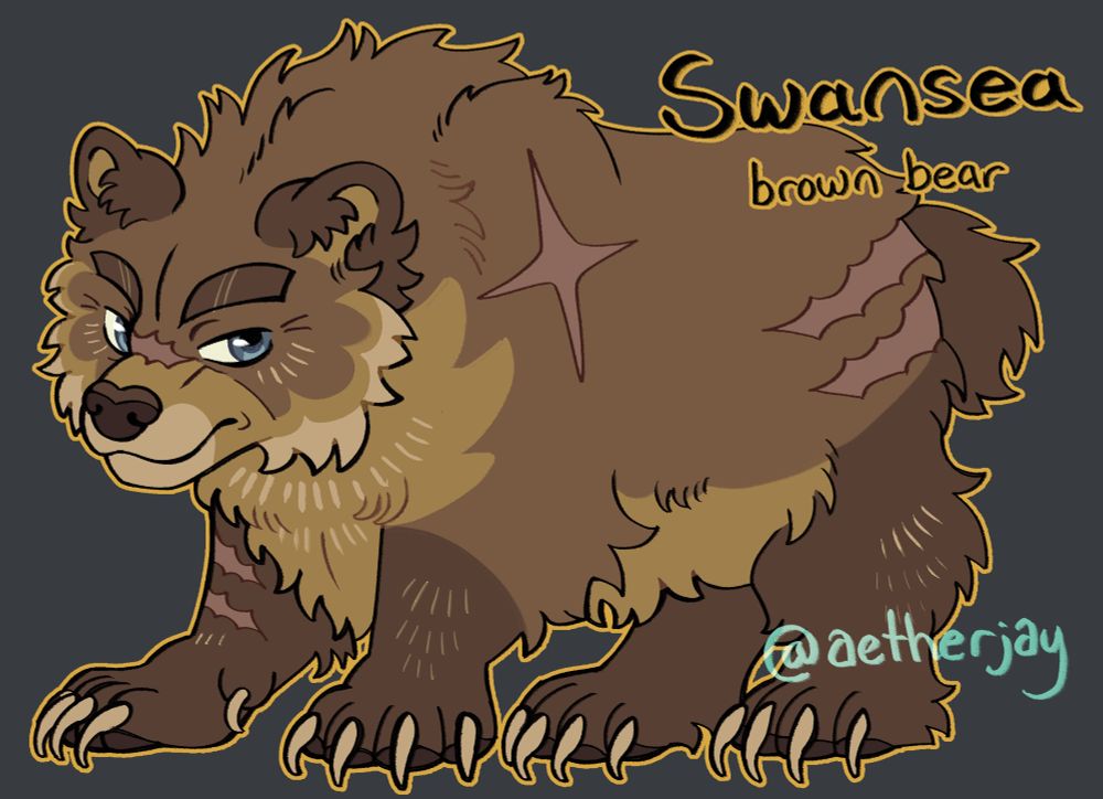 Swansea as a brown bear. His fur is a warm yellowish brown color, his underbelly being a slightly lighter tone. He has darker brown fur on his ears, legs, and tail. He has large, curved claws, and scars on the bridge of his nose, his left shoulder and haunches, and his right lower arm. Light gray fur is scattered on his limbs, chest, and face. His eyes are gray-blue, and he has a slightly grumpy expression.