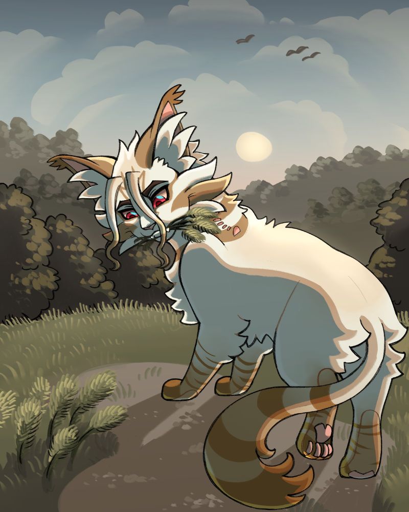 Illustration centered on a light cream colored cat, resembling a flame point siamese. The character is based on Senku from Dr. Stone. He has red eyes, two strands of hair or fur that dangle over his face, and a bite mark on the back of his neck. He is walking on a small patch of dirt, surrounded by short, dull grass. Growing near his paws is a patch of foxtail, and he is holding some in his mouth. An outline of bushes or trees and hills can be seen in the background, as well as an early morning sky, with faint clouds and the sillhouette of birds.