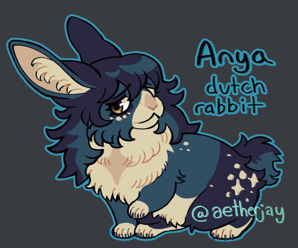 Anya as a dutch rabbit. She is mostly a dark blue with a lighter blue on her face and upper torso. Her underbelly, inner ears, paws, and muzzle are a light cream color. She has a few cream colored spots resembling stars on her hind legs and face. Her eyes are dark brown and she has a slightly nervous expression.