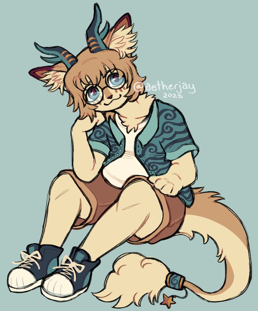 Cream and gold colored anthro cat in a relaxed sitting position. He has horns and a dragon-like tail. He's wearing a white shirt, a blue patterned button-up on top, brown shorts, and blue converse shoes. He has round glasses and a calm, neutral expression.