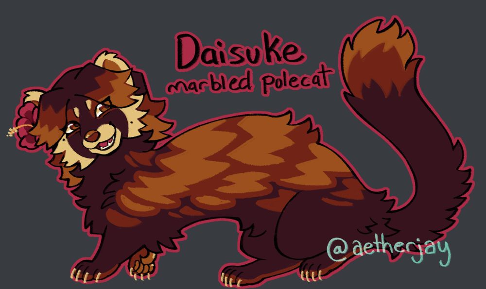 Daisuke as a marbled polecat. Primarily a dark warm brown color, with brighter orange at the tip of his tail and ends of his hair. His back also has messy patches of orange. His cheeks, snout, and ears are light cream colored. He wears a small hibiscus flower next to his right ear. His eyes are dark brown and he has a happy expression.