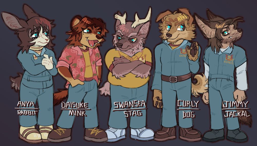 Furry versions of all 5 characters from Mouthwashing. They are all wearing their usual outfits from the game. From left to right, first is Anya, who is a tuxedo rabbit. She is mainly a warm black or gray with white on her face and paws. She has dull blue eyes. Daisuke is a mink, with warm ginger fur, which is a rich dark brown at the roots of his hair, matching his eye color. Swansea is a stag, with his right antler being broken. He has warm gray fur and dull brown eyes. Curly is a dog, heavily resembling a golden retriever, with bright blue eyes. And Jimmy is a jackal, with pale brown fur, darker dull brown hair, and large ears. He has green eyes and a generally very unkempt appearance.