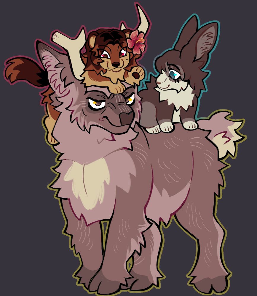 Drawing of Daisuke, Anya, and Swansea from Mouthwashing as animals. Swansea is a large warm gray stag, with an annoyed expression. Daisuke is a dark ginger mink, and is sitting on Swansea's head. Anya is a warm black tuxedo rabbit and is sitting on Swansea's back.
