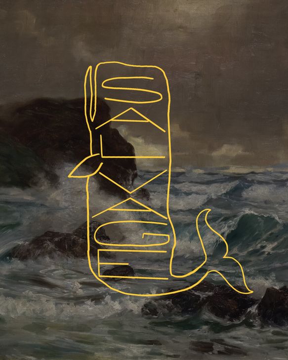An oil painting of a storm swept sea overlaid with an illustration of a whale with the word SALVAGE inside it. 