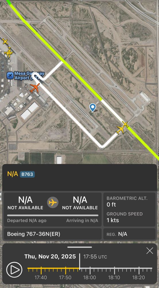 A Flightradar24 map showing an Avelo plane with its n-number hidden on Nov. 20, 2025 at Mesa airport. The flight trajectory line shows it going in a circle back to the gate. 
