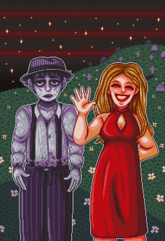 A pixel art illustration of Brian and Anna from Deadly Premonition. The former looks dour and the latter looks sunny.