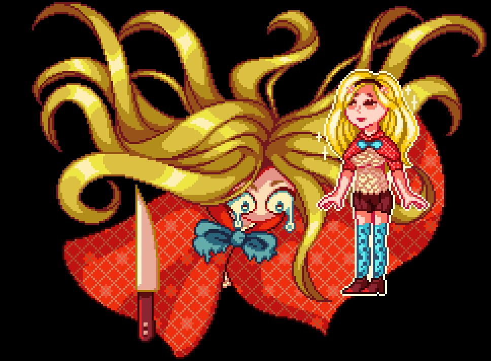 Pixel art illustration of JJ Macfield, with wild hair and a knife, haunted by an idealised version of herself.
