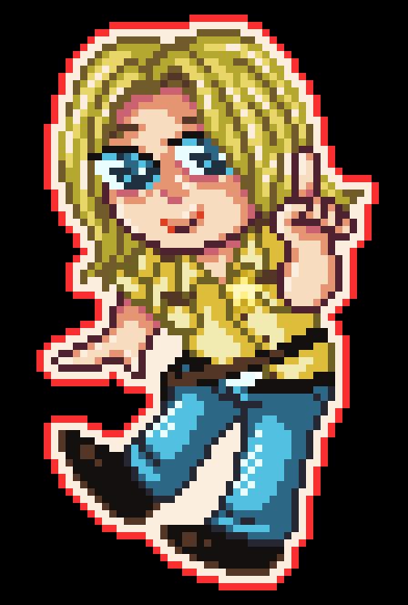 A small pixel illustration of Emily from Deadly Premonition.