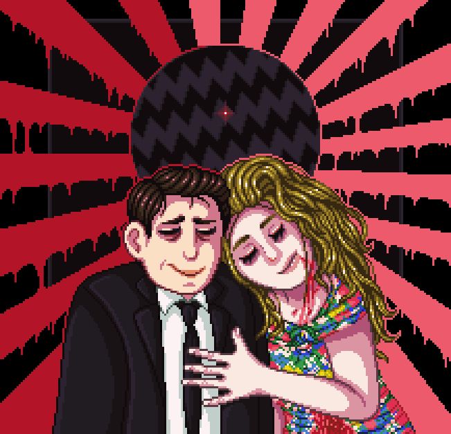Dale Cooper and Annie Blackburn from Twin Peaks, illustrated in pixel art. Their expressions are hard to read, but they appear tired, in front of a background suggesting the threat of the Black Lodge.