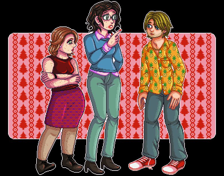Carol, Thomas, and Quint from Deadly Premonition illustrated in pixel art.