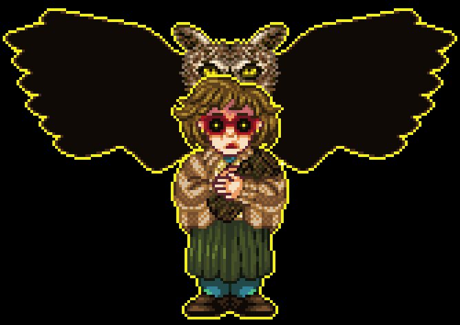 A pixel art illustration of the Log Lady / Margaret Lanterman from Twin Peaks holding her log, with a menacing owl looming behind her.