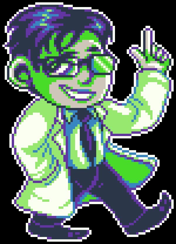 A small pixel art illustration of Herbert West from the movie version of Re-Animator, in shades of blue and green.