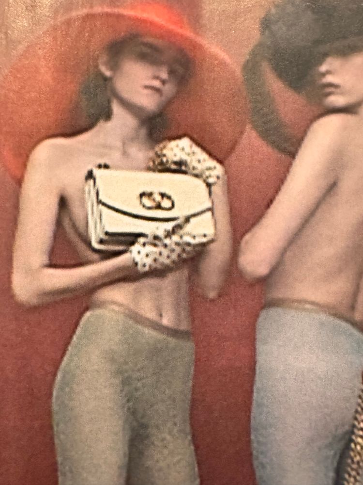 an even closer image of the two women holding purses, showing how low-resolution the image is 