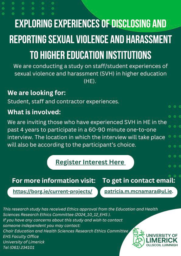 Flyer for study on Sexual Violence/Harassment in Irish HEIs 