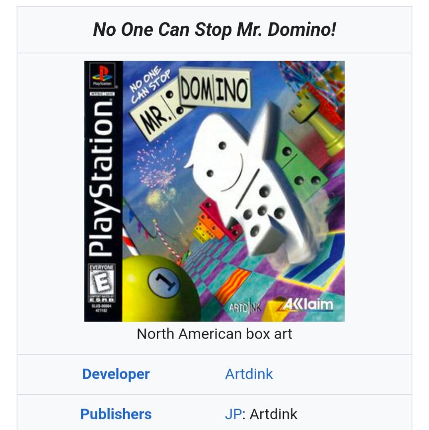 Wikipedia entry for no one can stop Mr. Domino developed by artdink