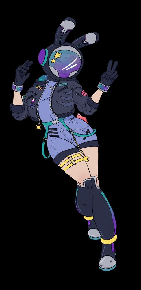 Rabbit in their bunny boy form, same as before. This time their face is covered in a big round helmet with glass that also bleeds from teal to purple. There are glowing LED lines in the same colors on the ears of the helmet, and star stickers on the glass. 