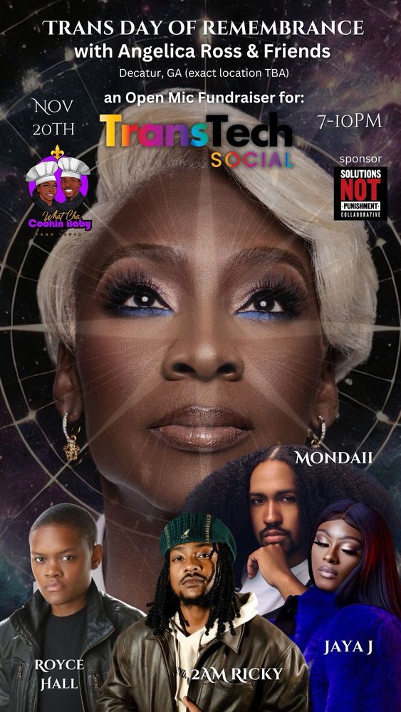 Photo of Angelica Ross center looking up to the sky with a 8 point faded star across her face.  Photo collage below of Royce hall, 2am Ricky, Mondaii, and Jaya J.