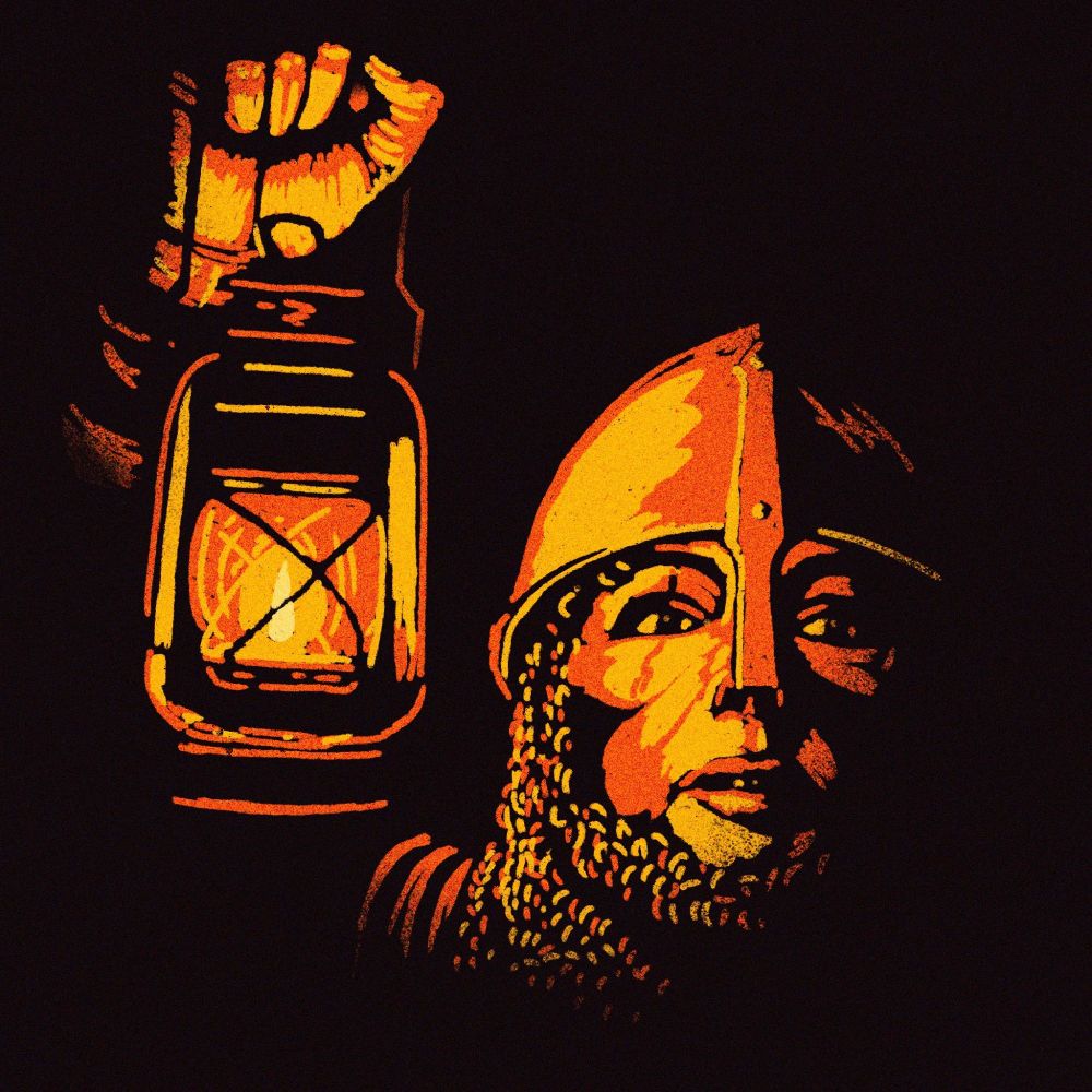 a woman wearing a nasal helmet and chainmail holds up a lantern and peers into darkness