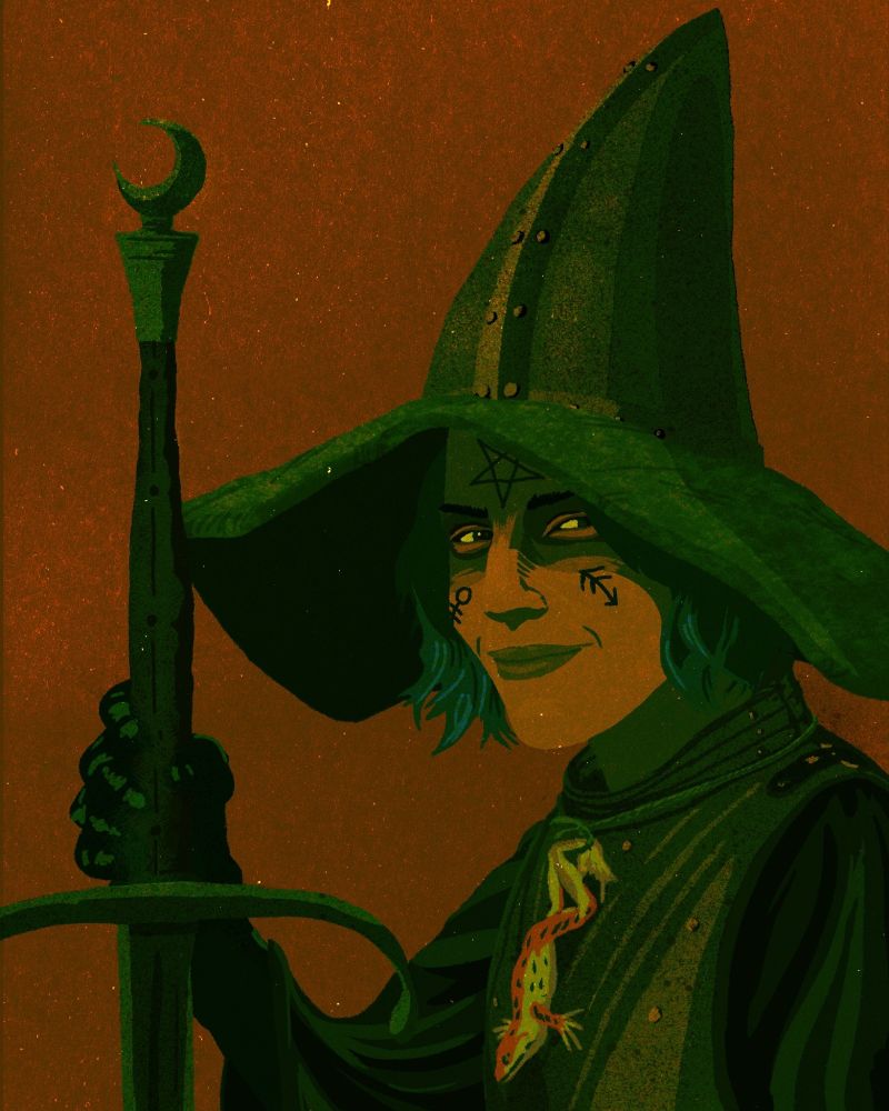 a smiling witch with occult symbols tattooed on her face, wearing a conical helm with a floppy brim, a dried frog talisman hanging over the chest of her cuirass, gauntleted hand on the hilt of her zweihander/staff with a crescent moon on the top/pommel