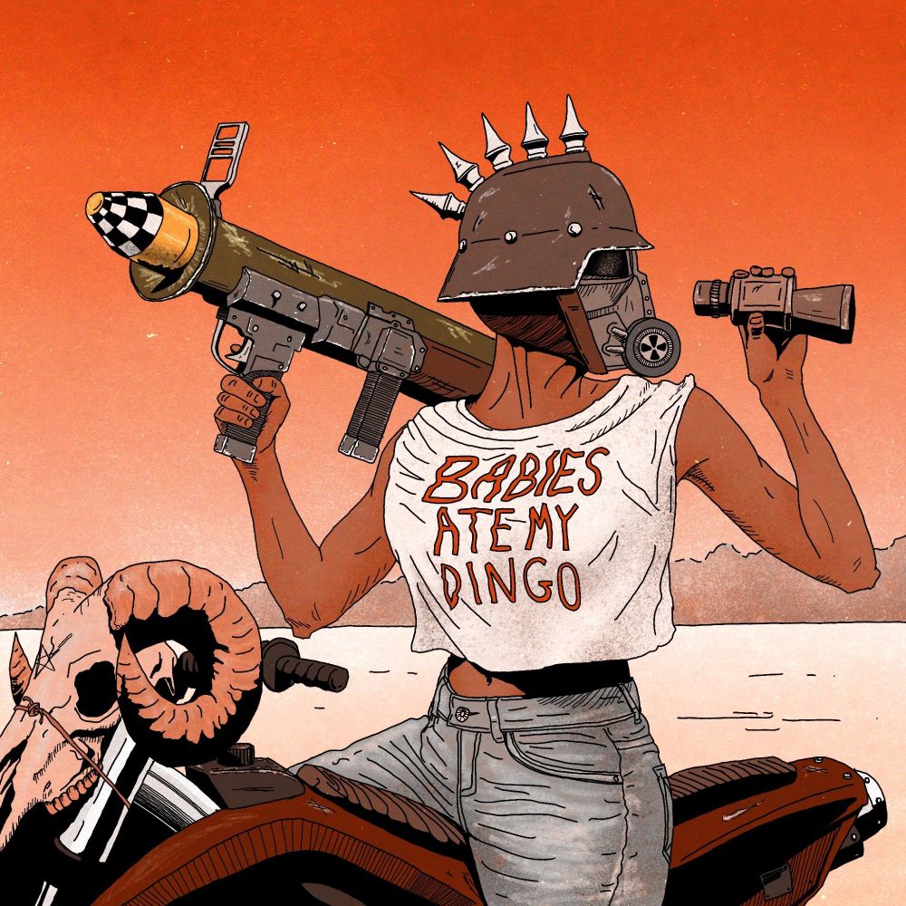 in a scorched wasteland beneath an orange sky, on a motorbike with a ramskull strapped to the handlebars, a road warrior sits, her head concealed by a spiked helmet and gas mask. over one shoulder she holds a large bazooka. she is twisted in the saddle to look behind her through a scope she holds in her other hand. she wears jeans and a cutoff t shirt with the phrase "BABIES ATE MY DINGO" on the front.