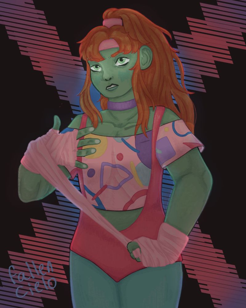A drawing of ZombieCleo. They wear an angry but determined expression as they wrap fighting bandages around their hands. Behind them is a large 'X' pattern with the bisexual flag colors. 