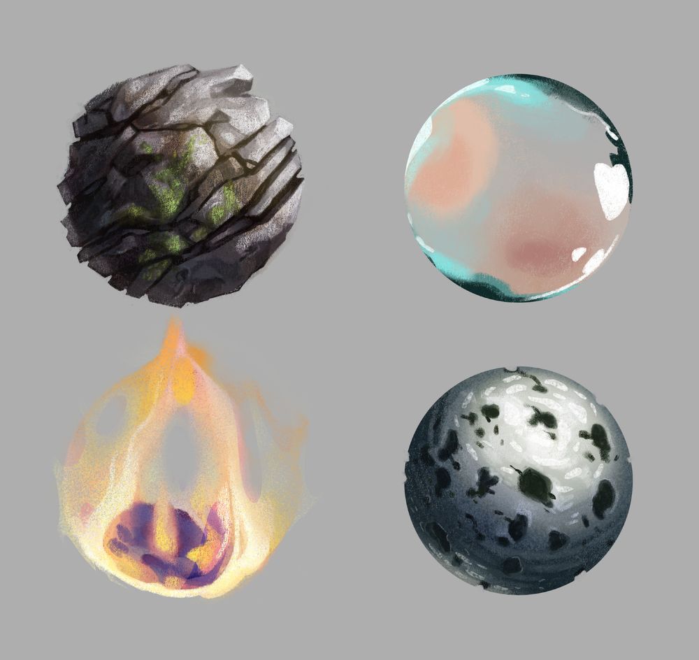 four painted spheres, exploring rock, water, fire and metals as material studies