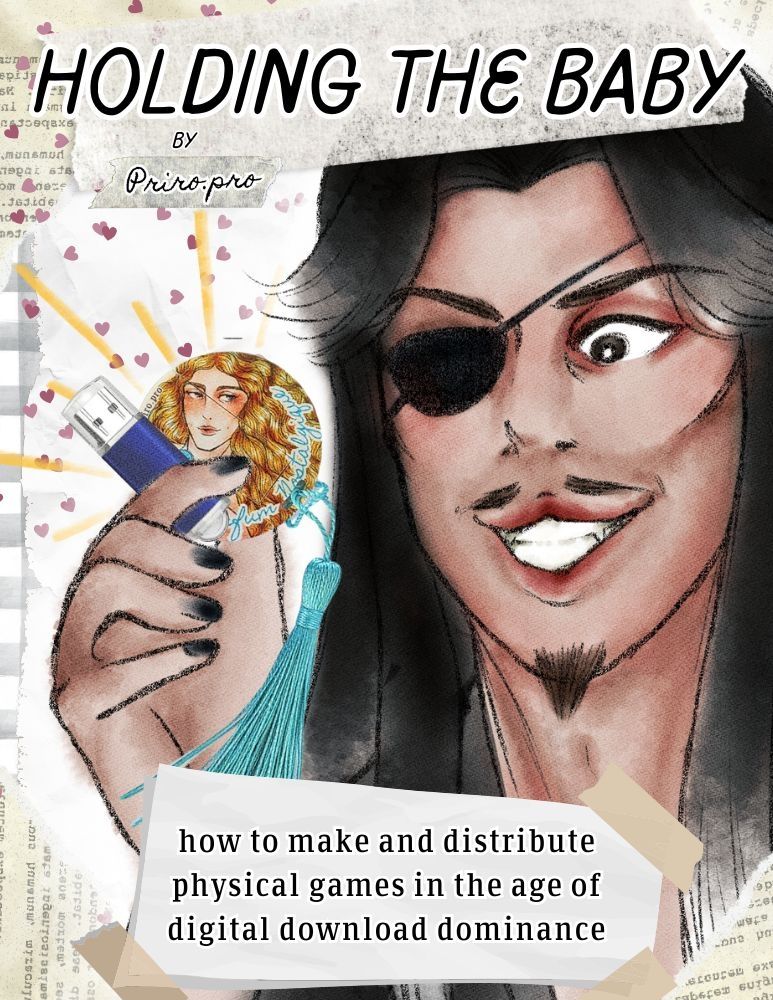 a man with an eyepatch smiling while holding up a USB flash drive and a physical copy of parfum nostalgique 
