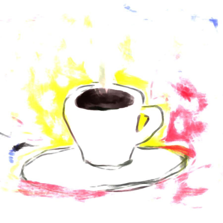 Das Bild zeigt eine expressive, abstrakte Darstellung einer Kaffeetasse, die auf einer Untertasse steht und durch leuchtende Farbkleckse umgeben ist.
