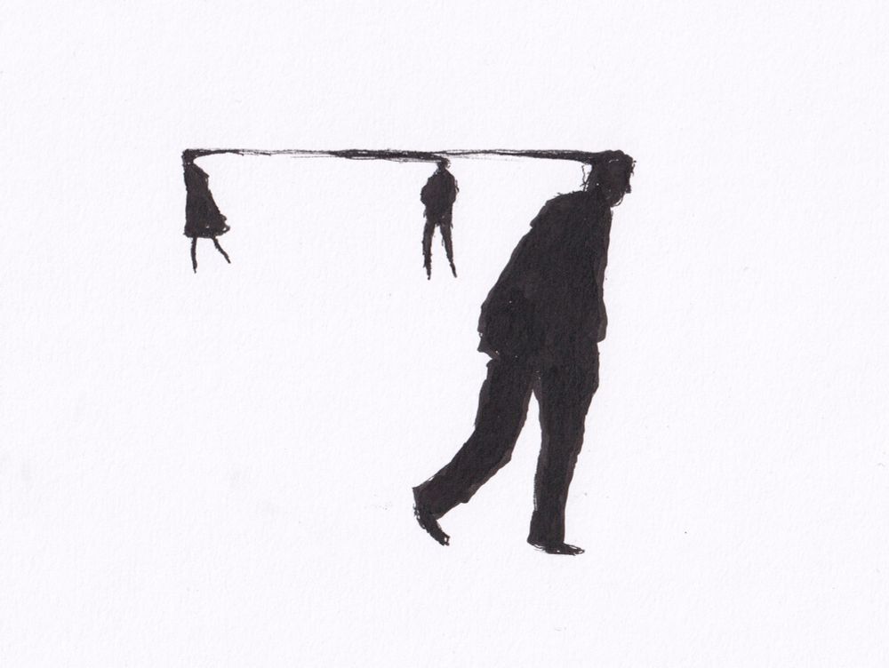 Figuren, die über eine horizontale Linie verbunden sind und eine introspektive Stimmung erzeugen