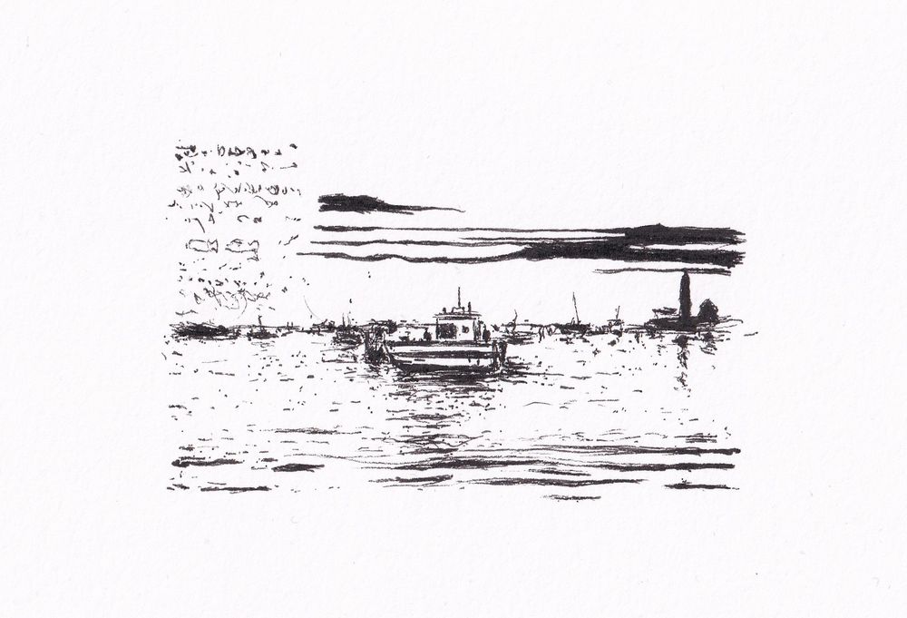 Die Schwarz-Weiss-Zeichnung zeigt den Thunersee, mit Boot auf dem Wasser, umgeben von weiteren Schiffen und einer unscharfen Skyline