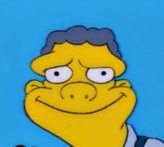 moe from the simpsons looking at the camera with a pained expression. he is smiling awkwardly and his eyebrows are concerned