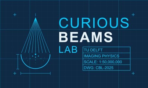 Curious Beams Lab Logo: Converged electron probe revealing a nanobeam diffraction pattern, in the style of an engineering drawing blueprint.