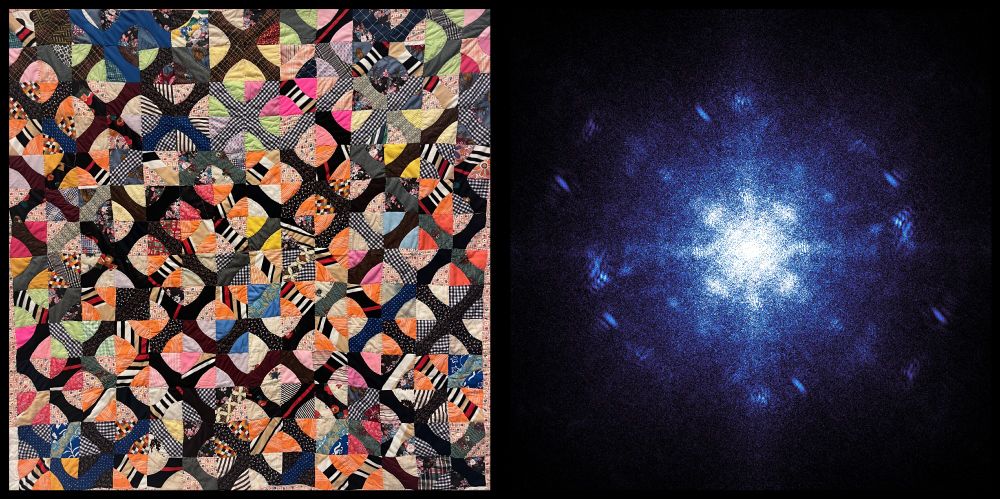 Quilt with Smith tiles pattern and vibrant colors (left), and its FFT (right).