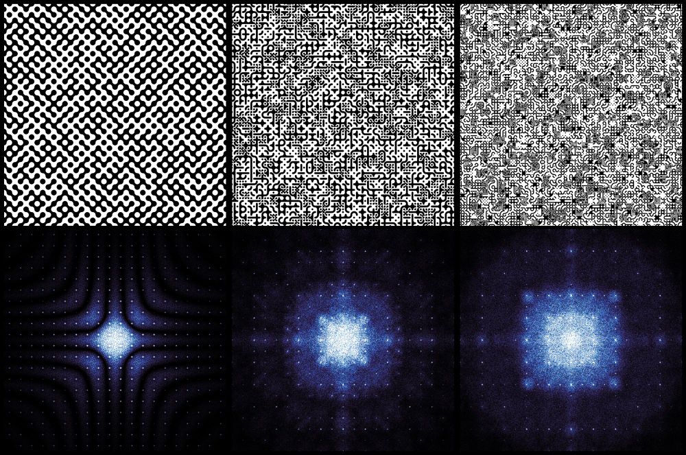 a 2x3 grid of Smith / Carlson / N6 tiles (top) and their corresponding FFT (bottom). The patterns exhibit considerable amount of diffuse scattering.