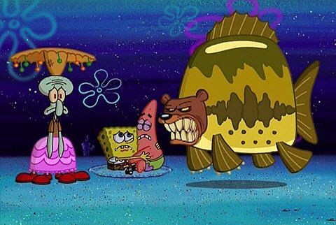 a screen shot from spongebob with spongebob and patrick hugging inside a circle while squidward stands out of it with an upside down sombrero and a sea bear about to attack his ass
