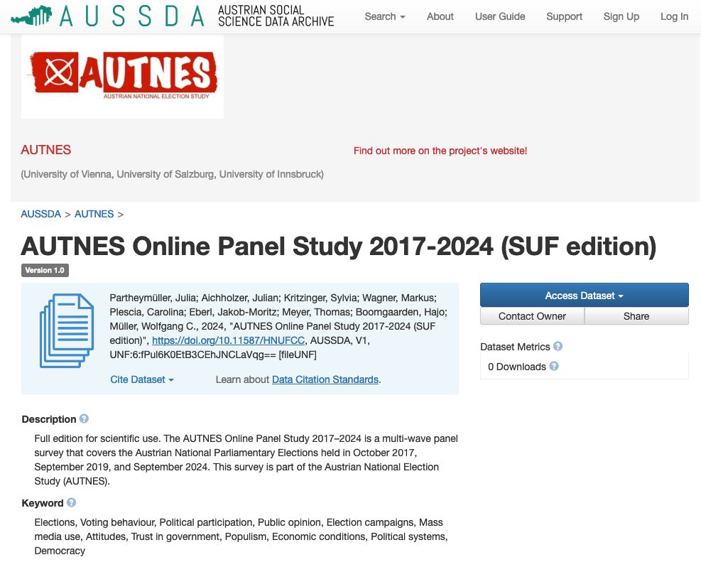 Screenshot of the AUSSDA page of the AUTNES Online Panel Study, including the AUTNES logo and some study details. 0 Downloads yet... 