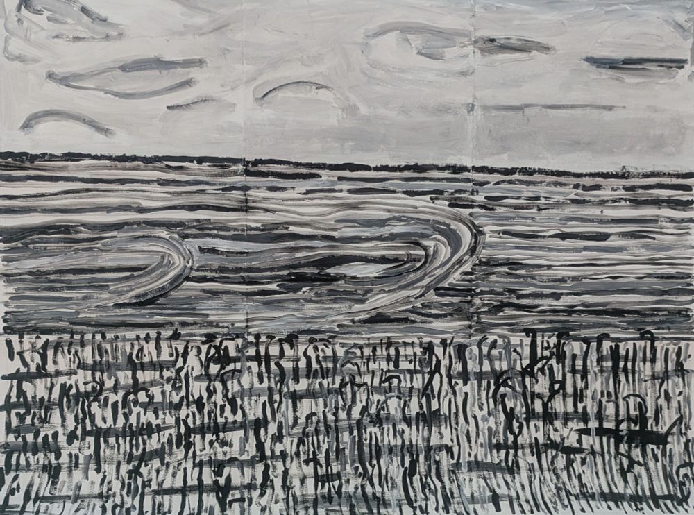 This is a large black and white sketch in acrylic paint on paper of a scene in Purfleet, Essex UK. The viewer is looking from Rainham Marshes over the river Thames towards Erith, a town on the south bank. It is an exploratory study for a painting that will eventually be on display in the hall of our house. The top third is the sky, the middle third is the water and in the foreground are all reeds and undergrowth. It is the largest piece I've ever made at roughly 1 metre x 72cm.