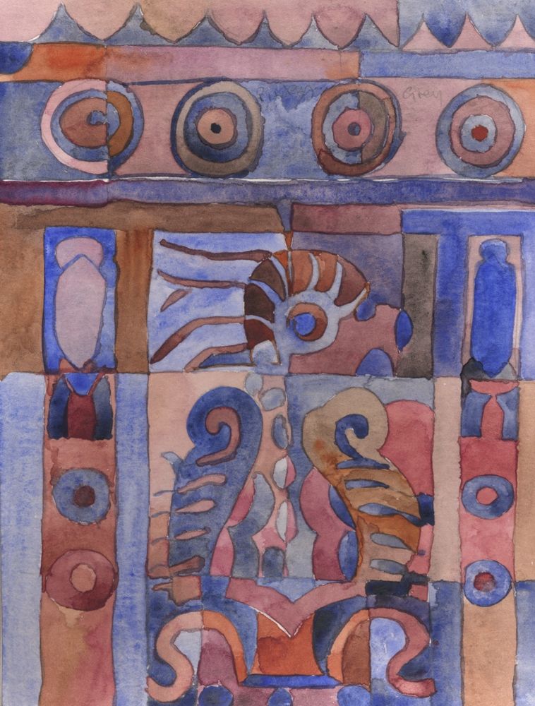 This is a portrait shaped watercolour painting of a wall that has been discovered at the site of the pyramids in Teotihuacan which is part of an ancient Mesoamerican city. It depicts geometric patterns, an eagle's head and feathery shapes. 

I drew it in situ when we visited it in 2003 and painted it in watercolour when we got back home. I used shades of blue and pink but as far as I can remember the actual wall just looked like raw plaster.