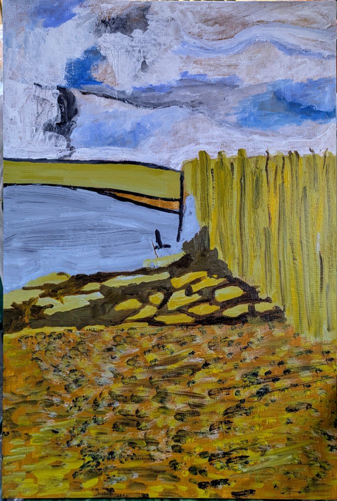 This is a portrait shaped landscape of the river Thames looking from Rainham Marshes over towards Erith on the south bank of the river. It's acrylic on recycled canvas and the colours are mainly shades of blue, white, yellow and ochre. I painted most of it in one session outside in the garden shaded by our parasol.