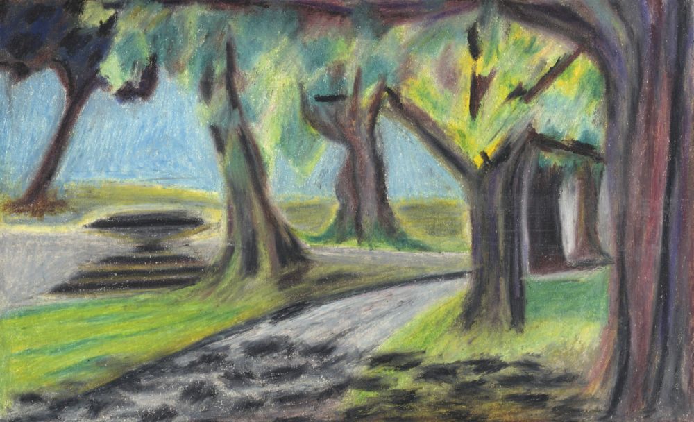This is a landscape of Kennington Park, south London during spring. I drew it in oil pastels and the colours are mainly shades of green, grey, blue and brown for the tree trunks. There is a fountain towards the left hand side and about the middle of the depth of the drawing.