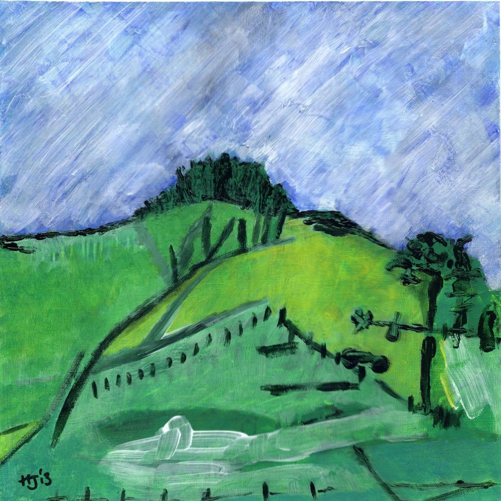 This is a square acrylic painting on paper developed from a sketch I made of the view from the church of the Transfiguration in Pyecombe, a village in West Sussex while exploring the South Downs National Park many years ago. The dominant colours are blue and green.