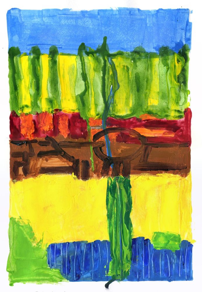I visited Australia in 2018 for the first, and possibly, only time to see the country of my mother's birth. My cousin Brian drove us around NSW and one of the places that made a big impression on me was Fitzroy Falls in the Southern Highlands. This is an acrylic landscape painting on paper made in a portrait shape and featured on the front of a calendar I produced for 2019. The main colours are bright blue, green, yellow, red and brown.