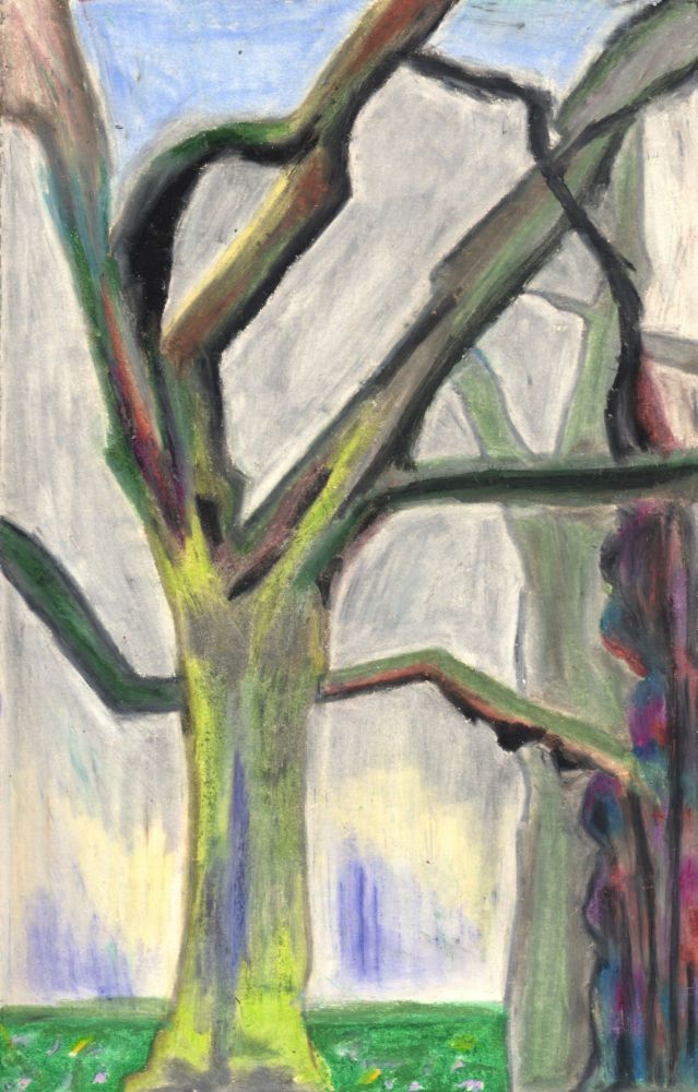 This is a portrait shaped oil pastel drawing of a couple of trees in Kennington Park in winter, south London. They have lost their leaves and the trunks and branches look quite stark against the pale background. This was made around 30 years ago.