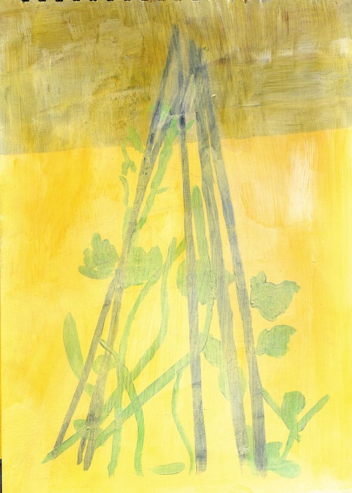 This is a portrait shaped acrylic painting of a teepee of sweetpea flowers. The background is yellow and the teepee is a shadowy shape in front of a wall. One of my friends described it as spiritually uplifting.